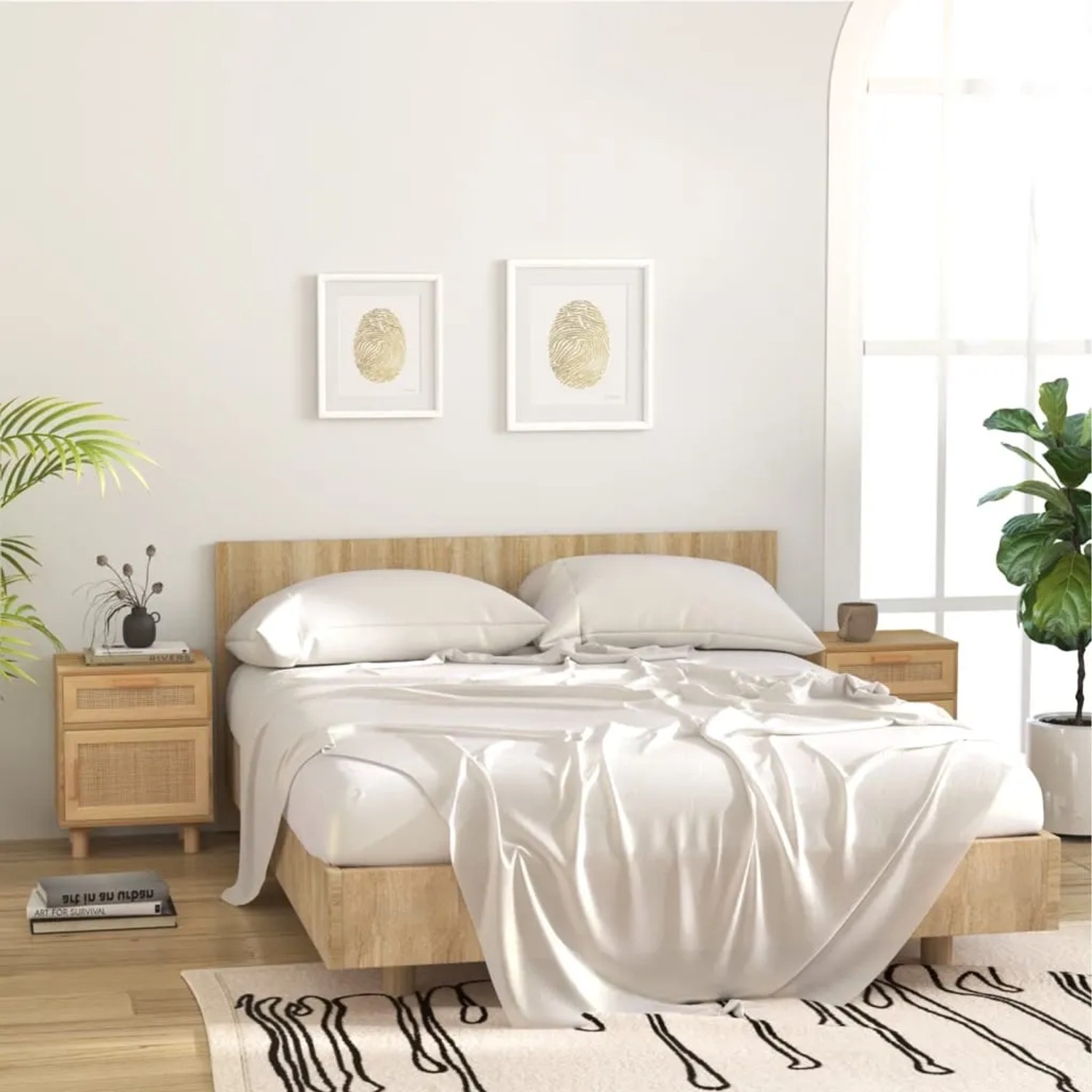Brauner Nachttisch aus Kiefernholz und Rattan von vidaXL im Schlafzimmer.