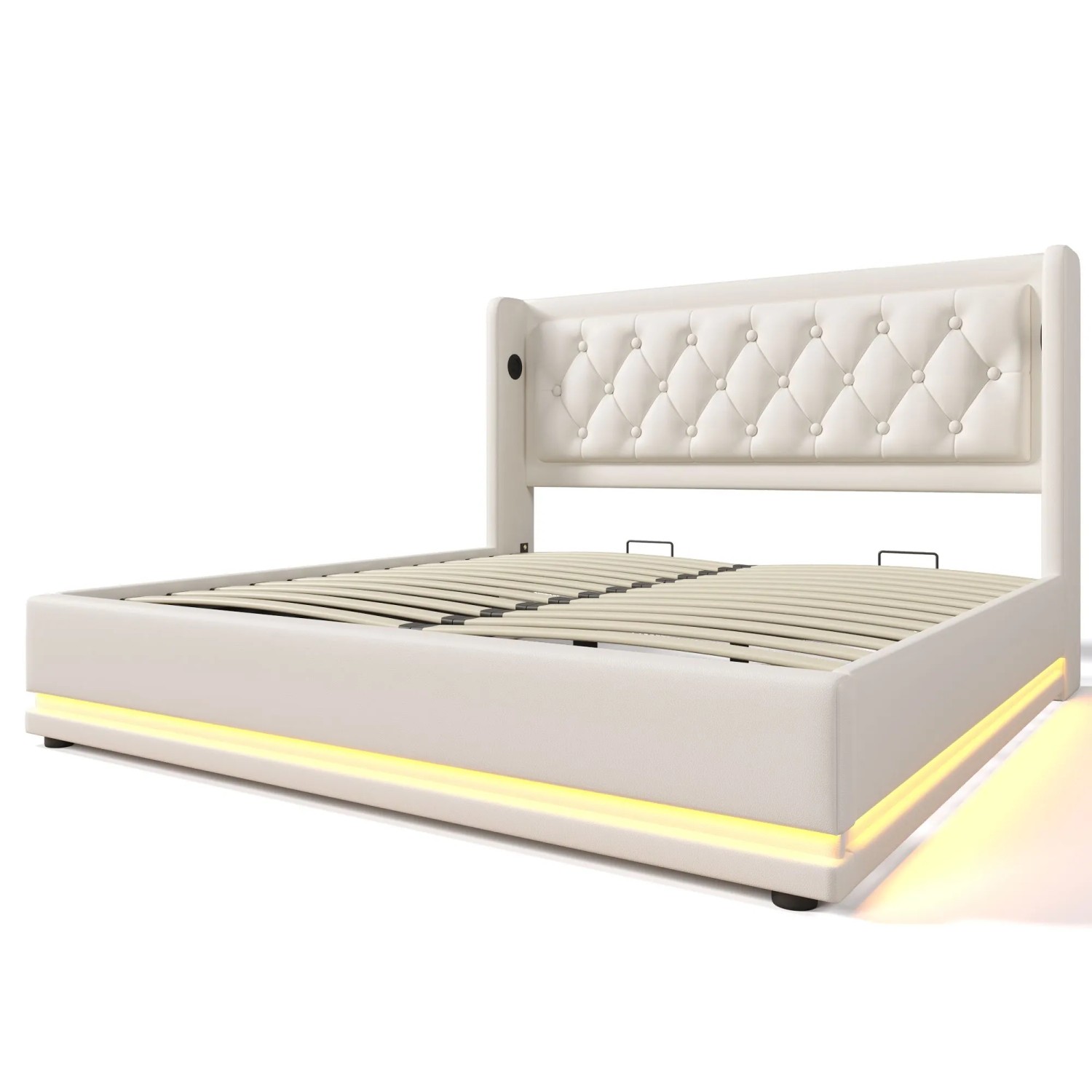 okwish Polsterbett 140x200cm mit Hydraulik Stauraum LED USB Funktion Weiß mit Matratze