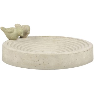 Helle, runde Sunny Garden Vogeltränke aus Beton mit zwei Vogel-Figuren am Rand.