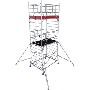 Krause Alu-Fahrgerüst ProTec XXL mit großer Arbeitsfläche und GuardMatic-System für sicheres Arbeiten in der Höhe.