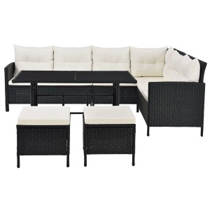 Schwarze Polyrattan Gartenlounge Manacor mit Tisch und Hockern, Bezüge in Creme.