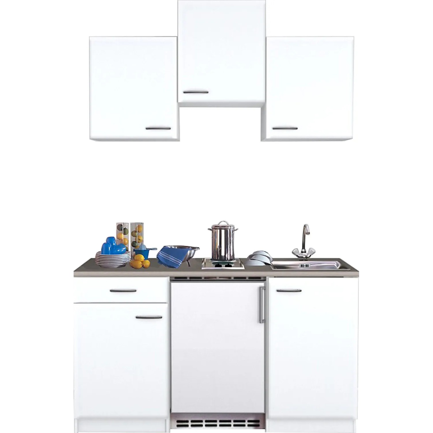 Flex-Well Classic Miniküche Wito 150 cm Weiß mit Spüle, Kochfeld und Kühlschrank.