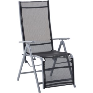 Grauer Garden Pleasure Relaxsessel Ariola, klappbar, mit schwarzer Sitzfläche. Gartenstuhl für Terrasse und Balkon.