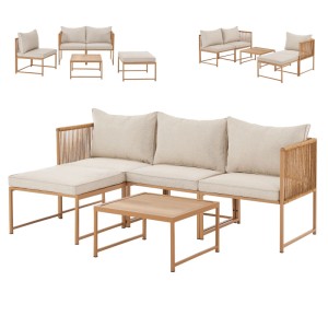Beige Svita Detroit Polyrattan Gartenlounge mit Tisch und Kissen als modulares Ecksofa.