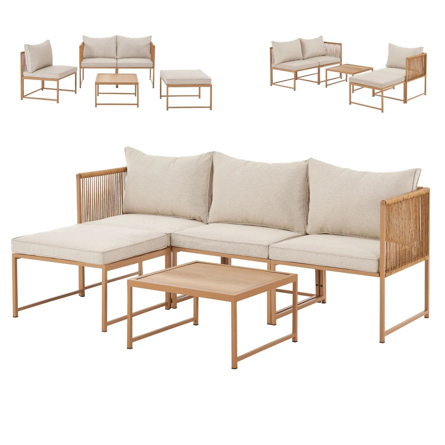 Svita Detroit Polyrattan Gartenlounge Modular Ecksofa Tisch Inklusive Kissen Beige