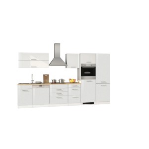 Moderne, weiße Küchenzeile Mailand 360 cm mit E-Geräten und hochglänzenden Fronten.