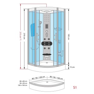Skizze einer AcquaVapore Duschkabine 100x100 mit Maßen. Komplettdusche mit Regendusche, Handbrause und Massagedüsen.