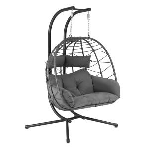 Grauer Juskys Doppel Hängesessel Aria aus Polyrattan mit Gestell für Garten oder Wohnbereich.