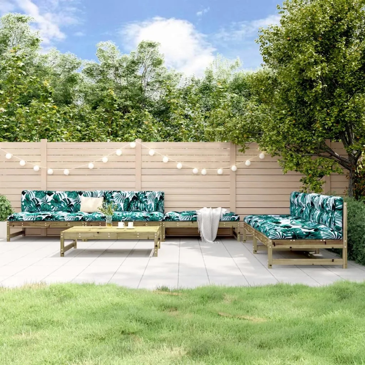 vidaXL 6-tlg. Garten Lounge Set aus imprägniertem Kiefernholz mit grünen Blätter-Motiv Kissen.