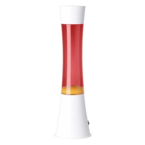 Eglo LED-Lavatischleuchte in Weiß mit bordeauxroter Flüssigkeit und orangem Wachs. Moderne, dekorative Lampe.