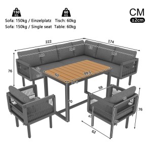 Graues 6-teiliges Merax Gartenlounge-Set: Ecksofa, 2 Sessel, Tisch mit Holzoptik. Robustes Outdoor-Möbelset.