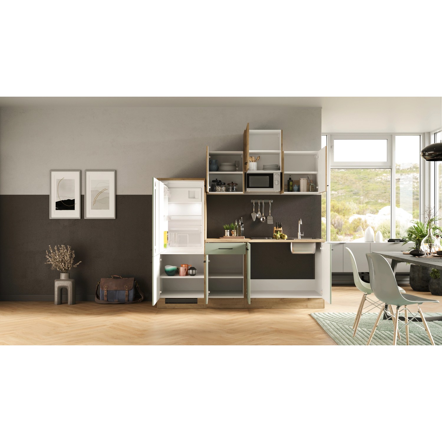 Flex-Well Küche Cara in Schilfgrün/Artisan Eiche mit Kühlschrank, Spüle und Mikrowelle.