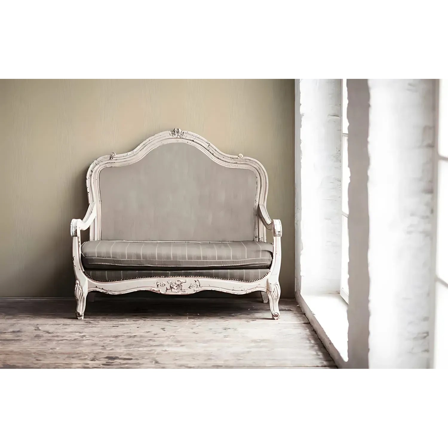 PROFHOME Streifen Tapete Gelb an Wand hinter antikem Sofa. Dekorative Textiltapete.