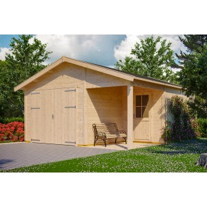 Skan Holz Holzgarage Varberg, 500x525 cm, Naturholz mit Doppeltor und Einzeltür.