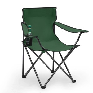 Grüner Sunula Campingstuhl mit Getränkehalter und Tragetasche.