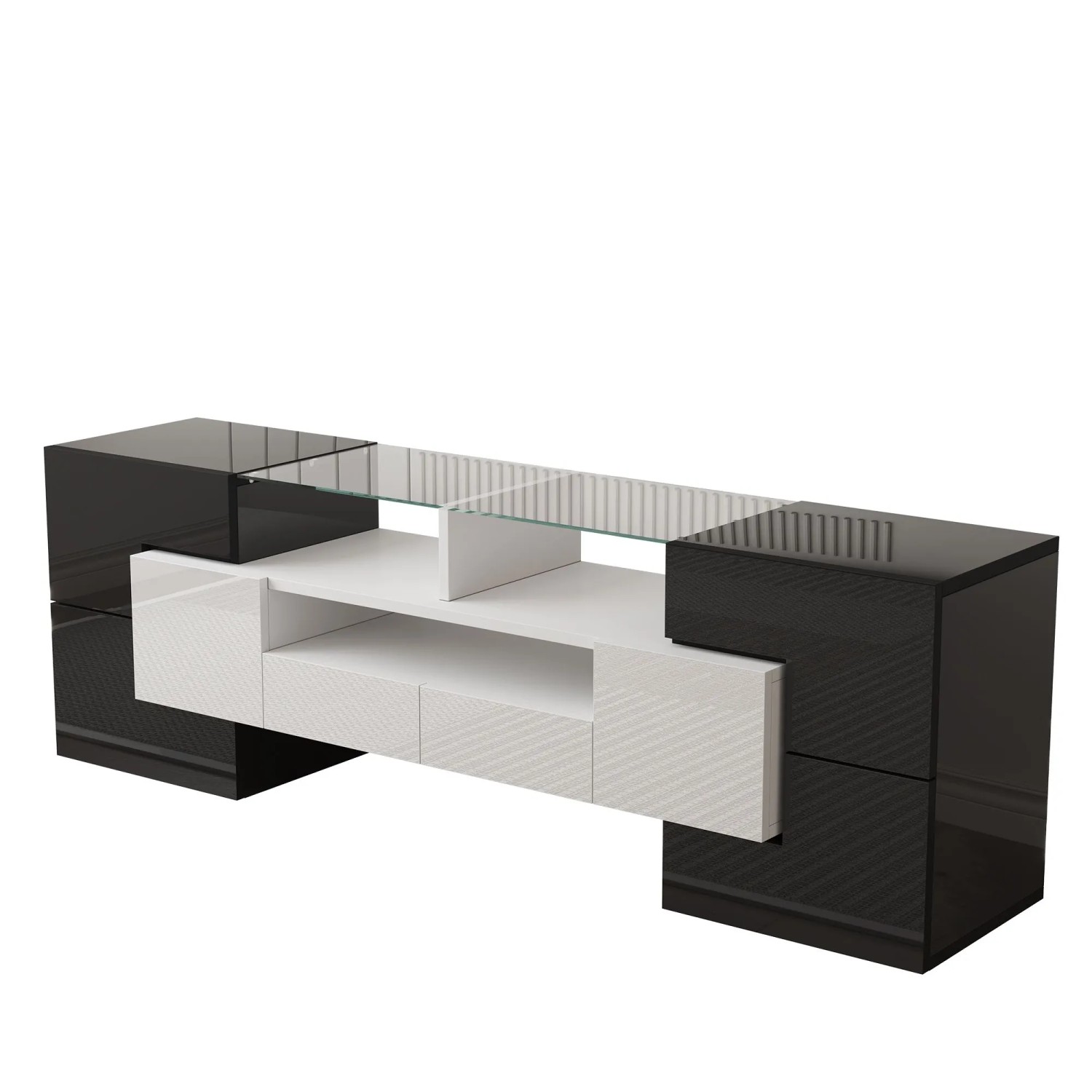 okwish TV Schrank mit LED Beleuchtung und Glas Oberfläche für Wohnzimmer 145x30x51cm Schwarz
