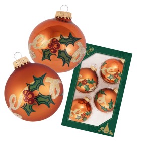 Krebs Glas Lauscha Weihnachtskugeln, 4er-Set, orange mit Mistelzweig-Dekor, 7cm.