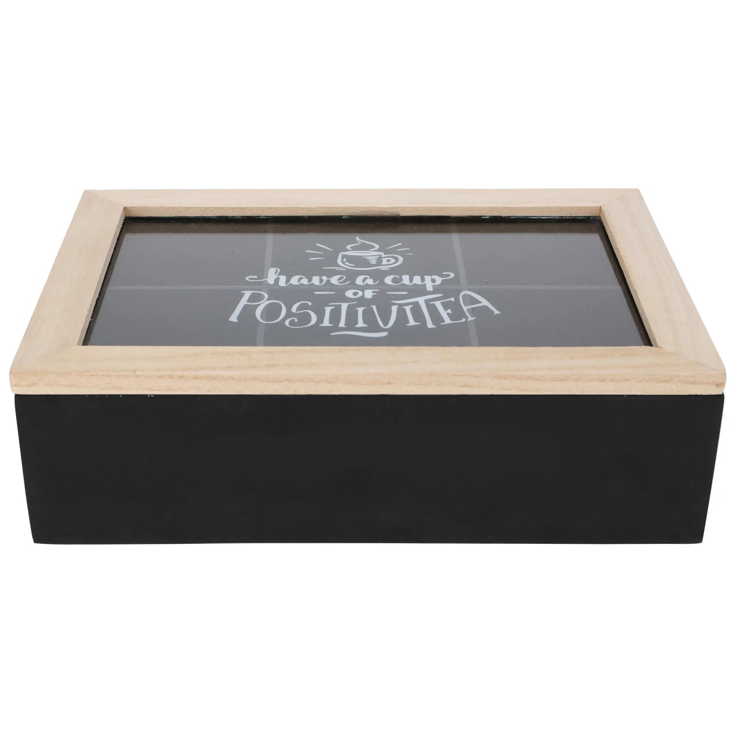 Teebox aus Holz mit Glasdeckel und Fächern zur Aufbewahrung von Tee.