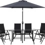 8-teilige Sitzgruppe Townsville in Anthrazit mit Tisch, Stühlen und Sonnenschirm für den Garten.