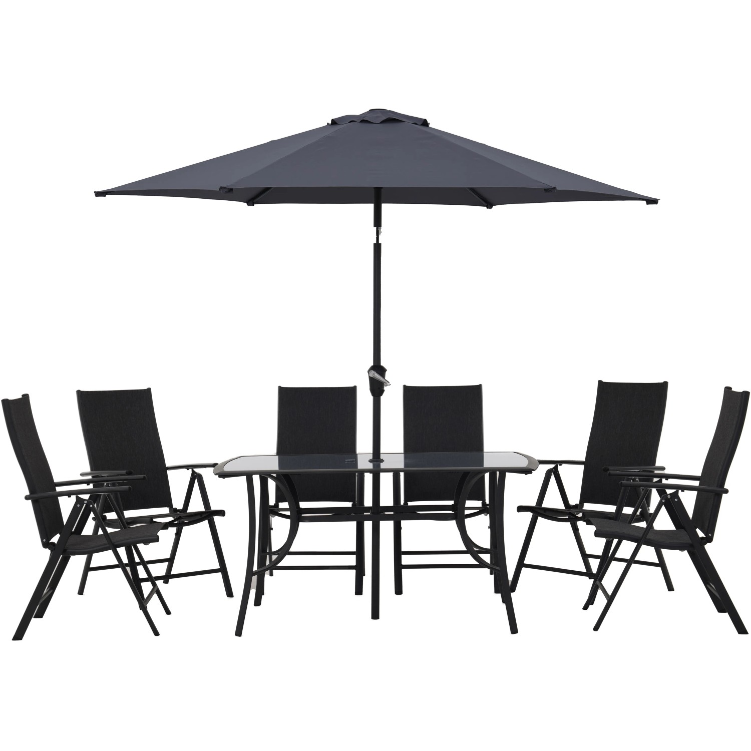 8-teilige Sitzgruppe Townsville in Anthrazit mit Tisch, Stühlen und Sonnenschirm für den Garten.