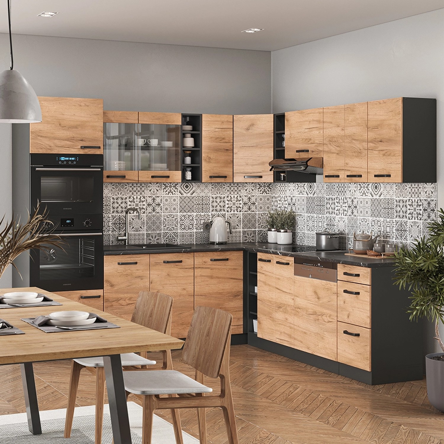 Moderne Vicco R-Line Eckküche in Anthrazit und Goldkraft Eiche mit Elektrogeräten und Arbeitsplatte.