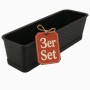 Anthrazitfarbener Balkonkasten im Rattan-Look, 80 cm lang, mit Untersetzer. 3er Set für Pflanzen.