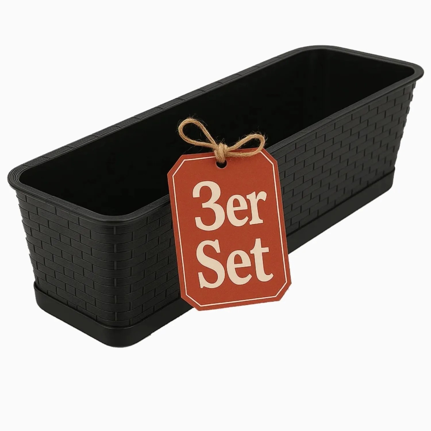 Anthrazitfarbener Balkonkasten im Rattan-Look, 80 cm lang, mit Untersetzer. 3er Set für Pflanzen.