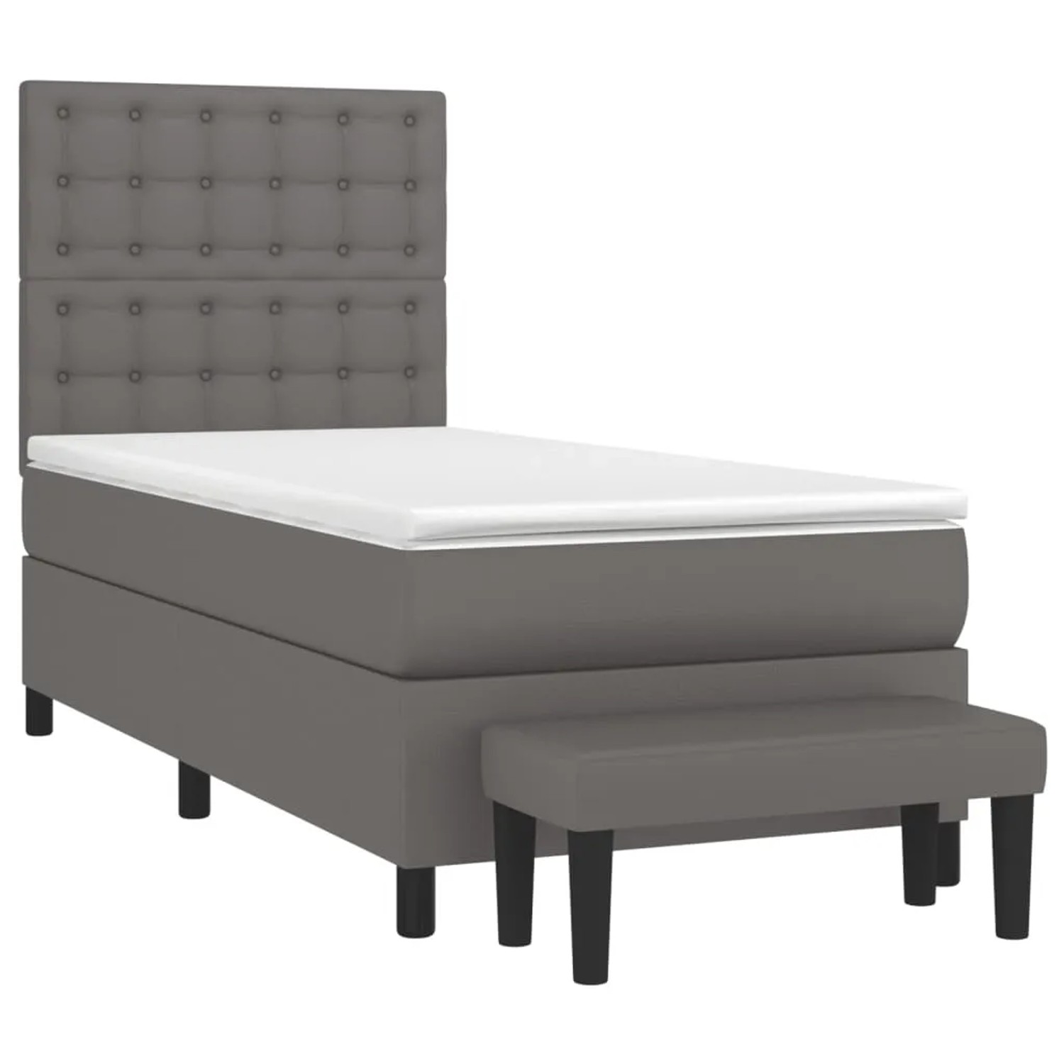 Graues Boxspringbett 80x200 cm mit Kunstlederbezug, inklusive Matratze und Bank.