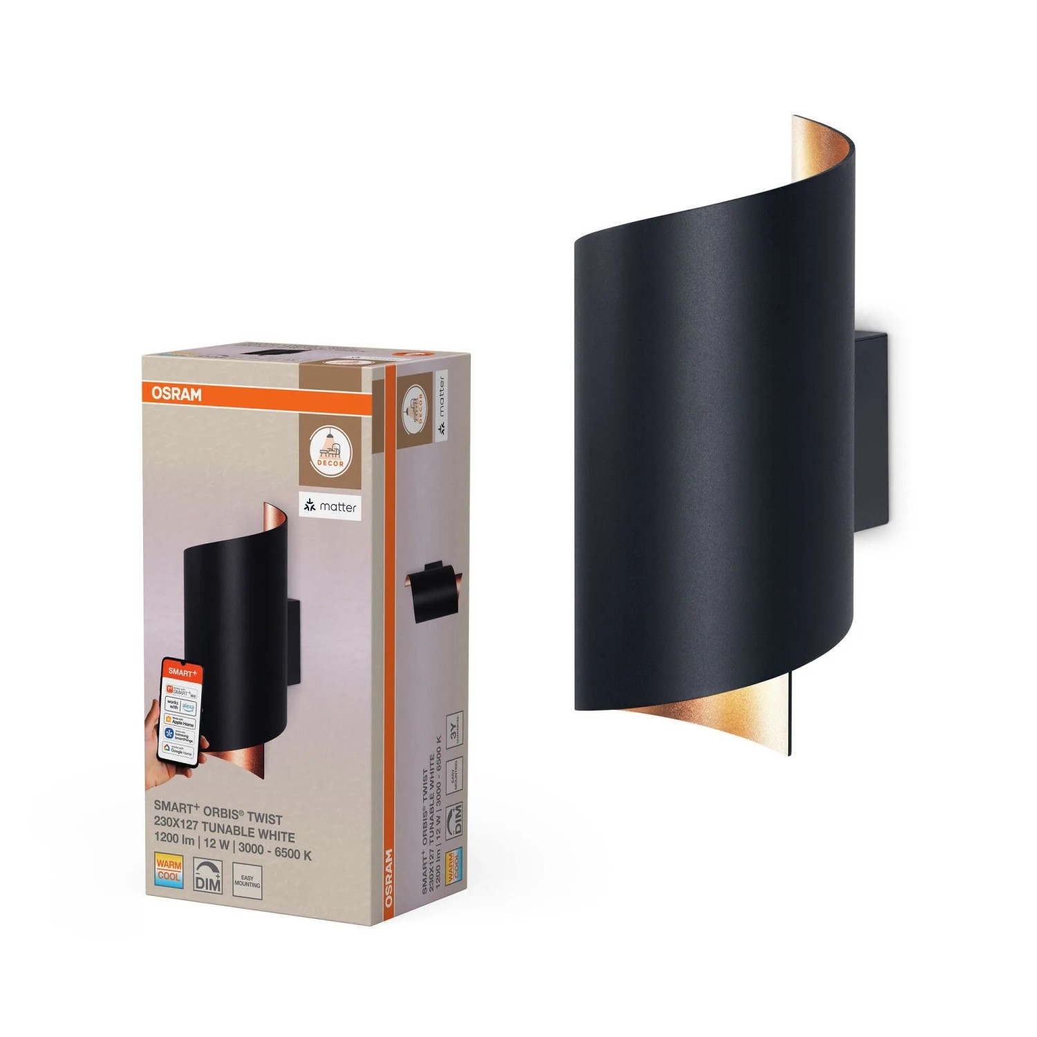 Osram Smart-LED-Wandleuchte Decor Twist Tunable White Ø 9,5 cm x 23 cm Schwarz