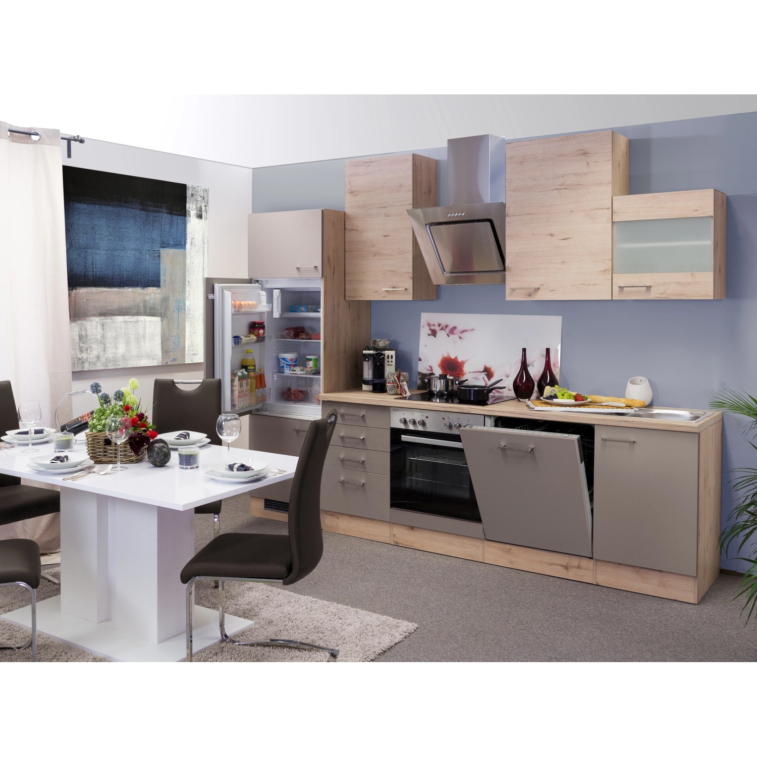 Flex-Well Exclusiv Küchenzeile/Küchenblock Arizona 280 cm Quarz Cubanit-San Remo Eiche hell