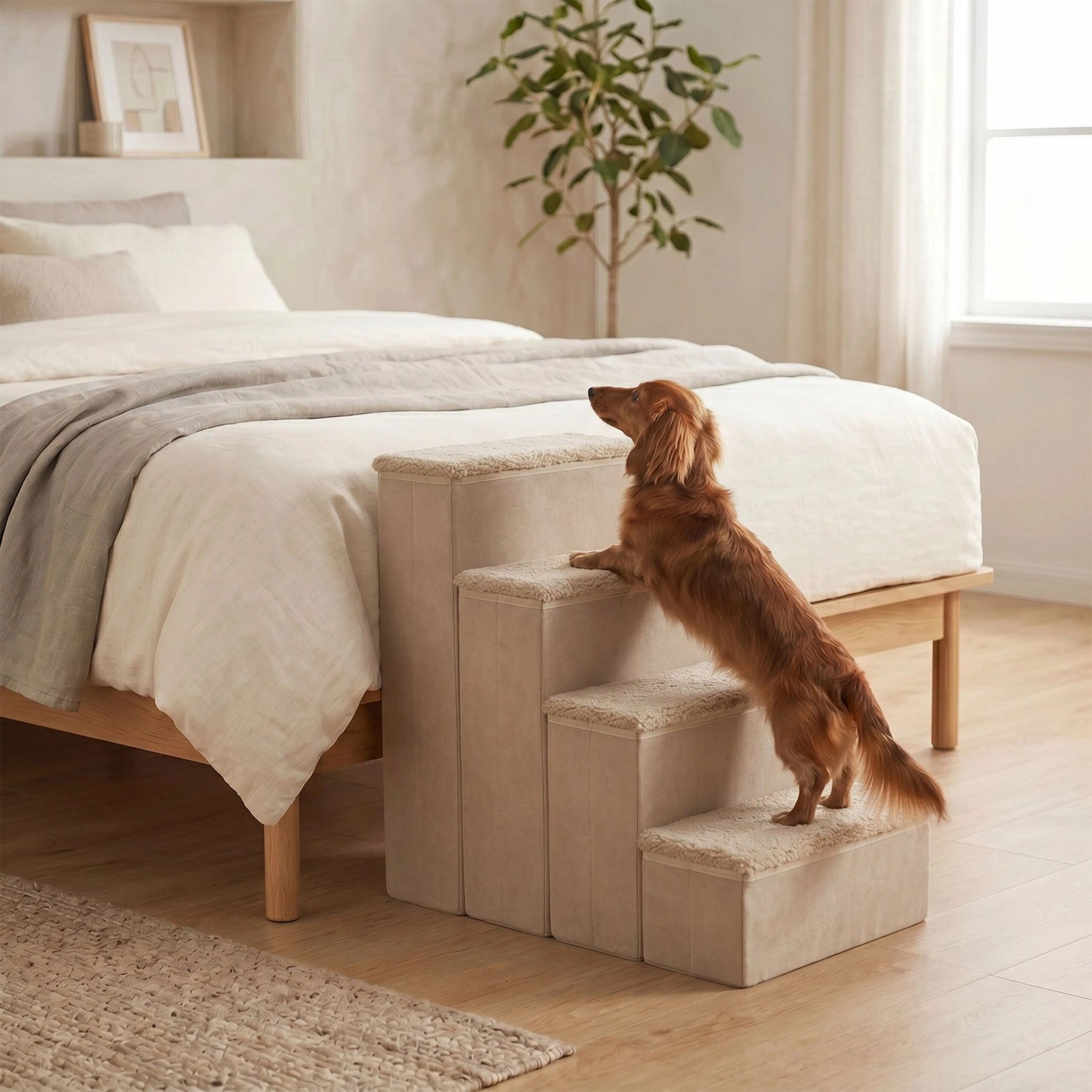 Beige Hundetreppe mit 4 Stufen neben einem Bett, ein Dackel steigt hoch. Faltbare Tiertreppe mit Stauraum.
