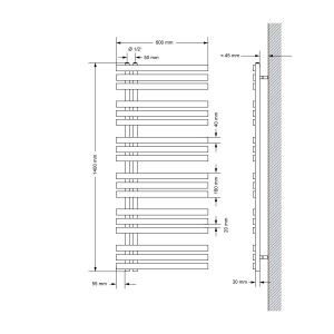 Technische Zeichnung des LuxeBath Badheizkörpers 600x1400mm in Weiß mit Maßen und Seitenansicht. Heizkörper Design.
