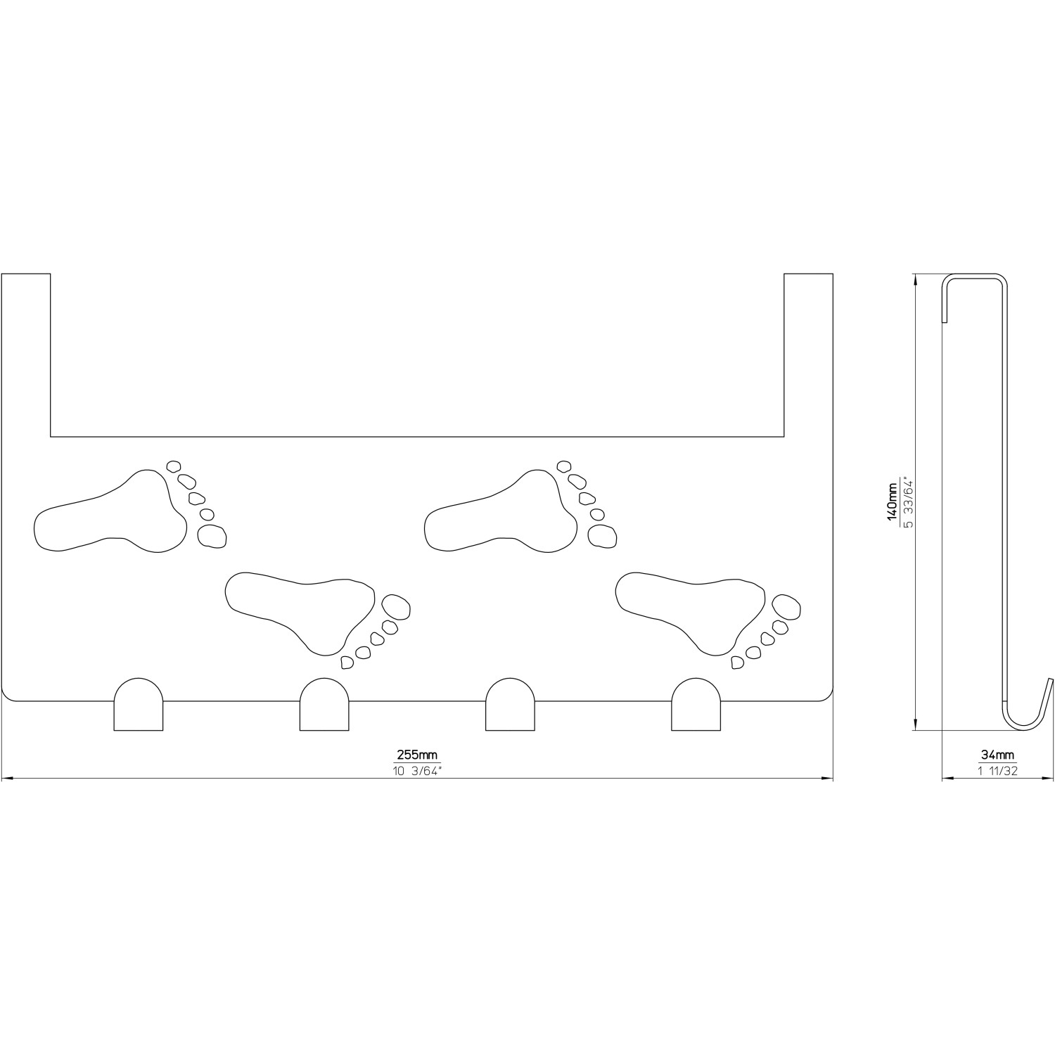 Siro Türgarderobe Chrom glänzend mit 4 Haken und Fußabdruck Design, Maße.