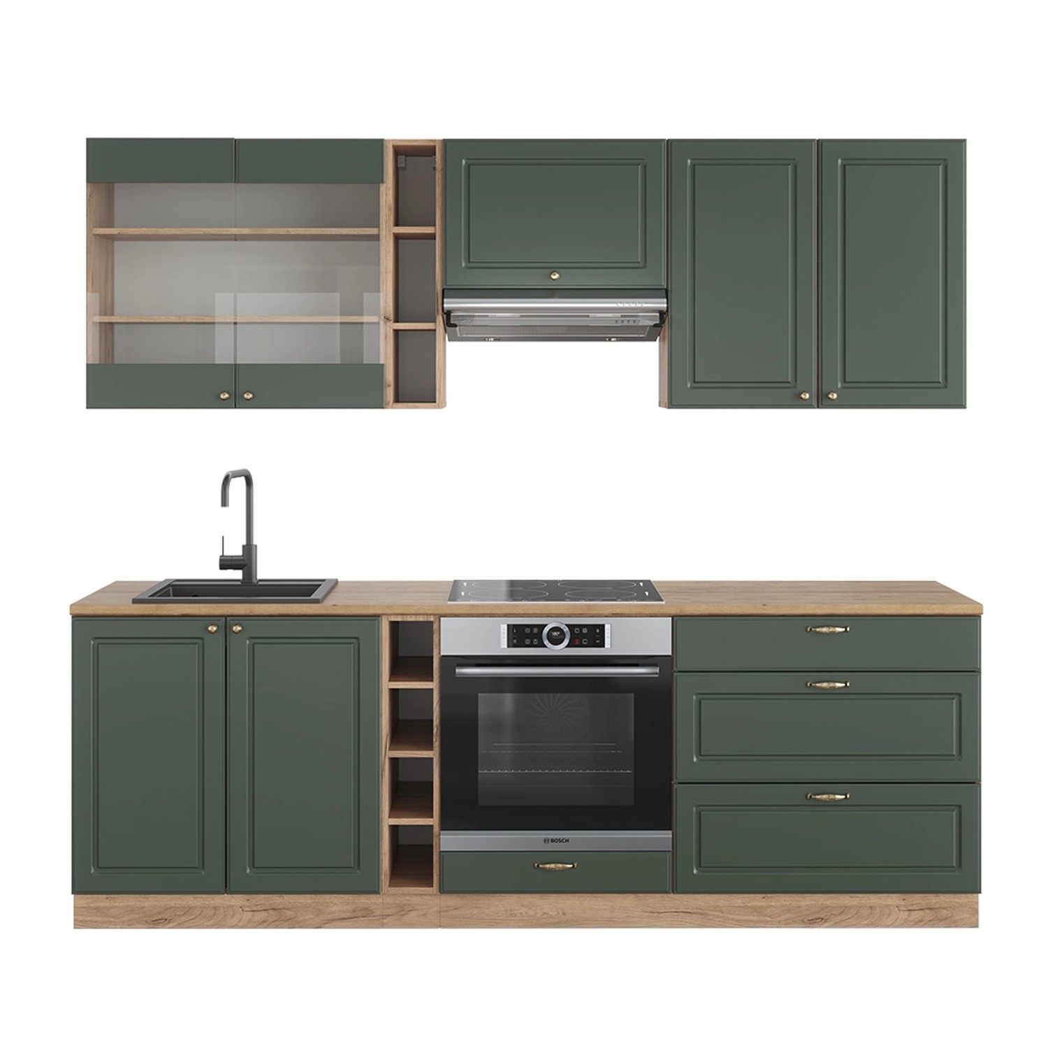Vicco Fame-Line Küchenzeile Grün-Gold Landhaus/Goldkraft Eiche 235 cm AP Ei günstig online kaufen