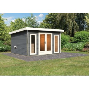 Terragraues Saunahaus Magnus 2-Set A mit Doppeltür und Fenstern im Garten.