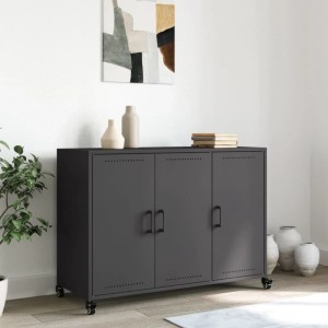 Schwarzes vidaXL Sideboard aus Stahl mit 3 Türen und Rollen, 100,5x39x72 cm.