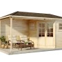 Unbehandeltes Alpholz Gartenhaus Franz-28 mit Walmdach und Anbaudach. Holz-Gartenhaus mit Sitzbereich.