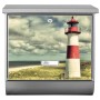 Edelstahl Briefkasten mit Zeitungsfach und Leuchtturm Sylt Motiv.