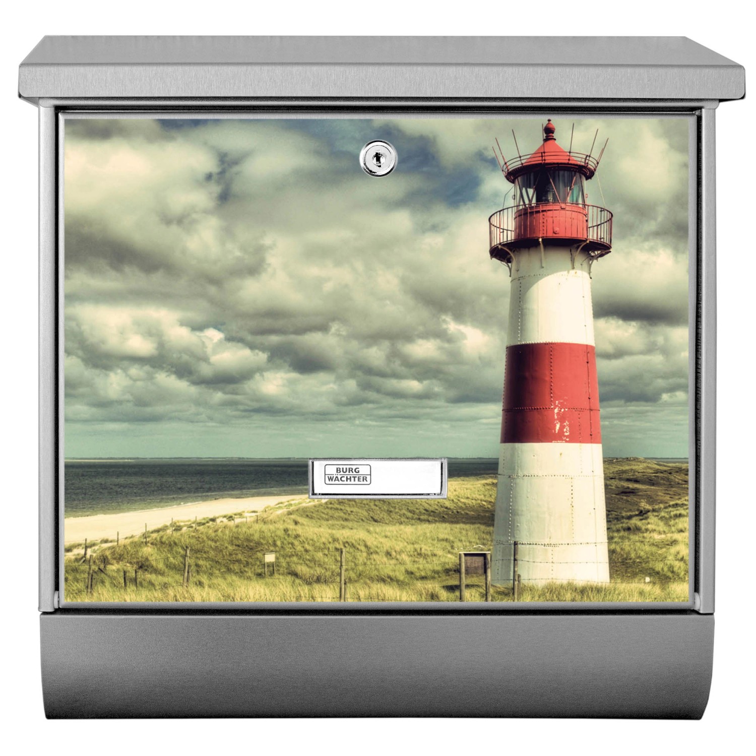 Edelstahl Briefkasten mit Zeitungsfach und Leuchtturm Sylt Motiv.