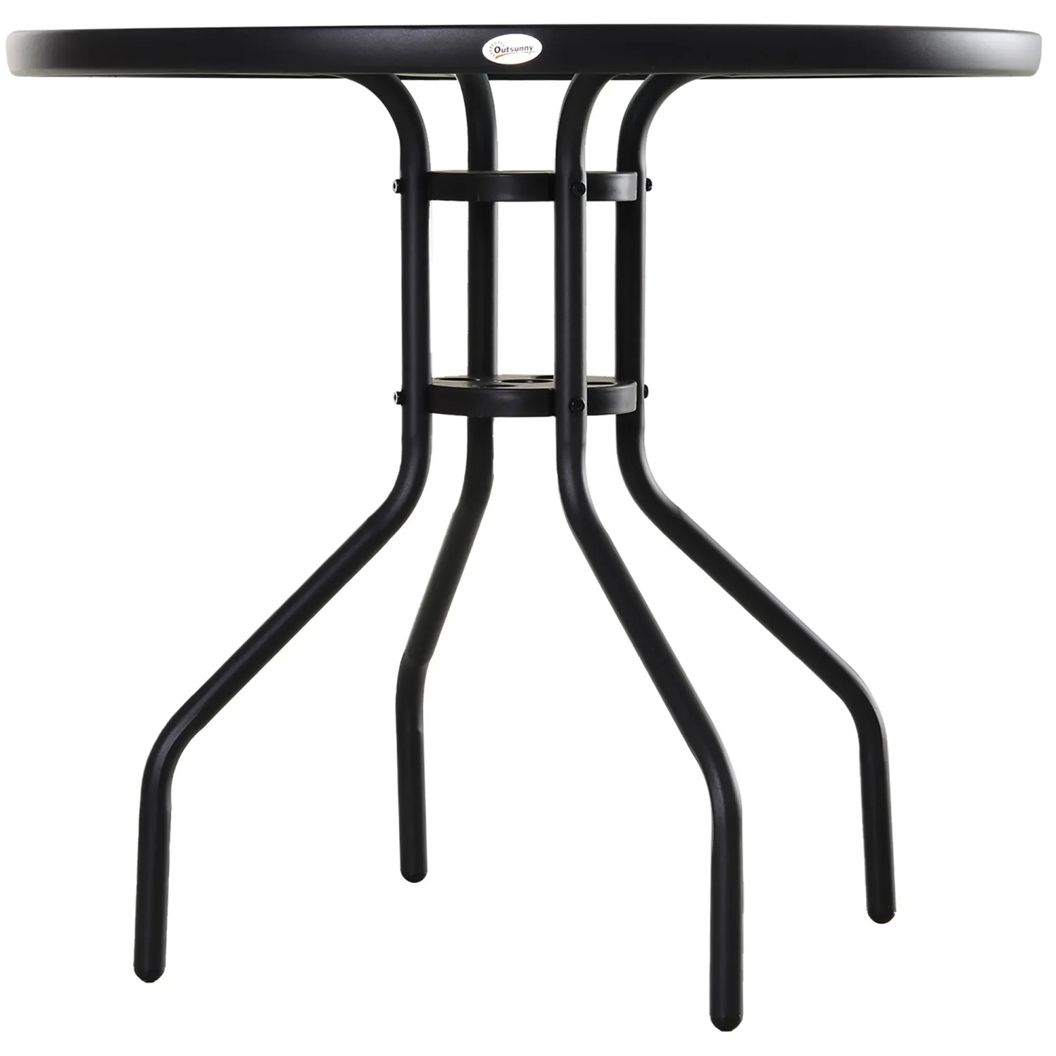 Schwarzer Outsunny Gartentisch rund mit Schirmloch und Glasplatte.