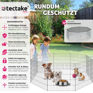Schwarzes Tectake Freilaufgehege mit Netz für Nager und Welpen, 145x145x73 cm.