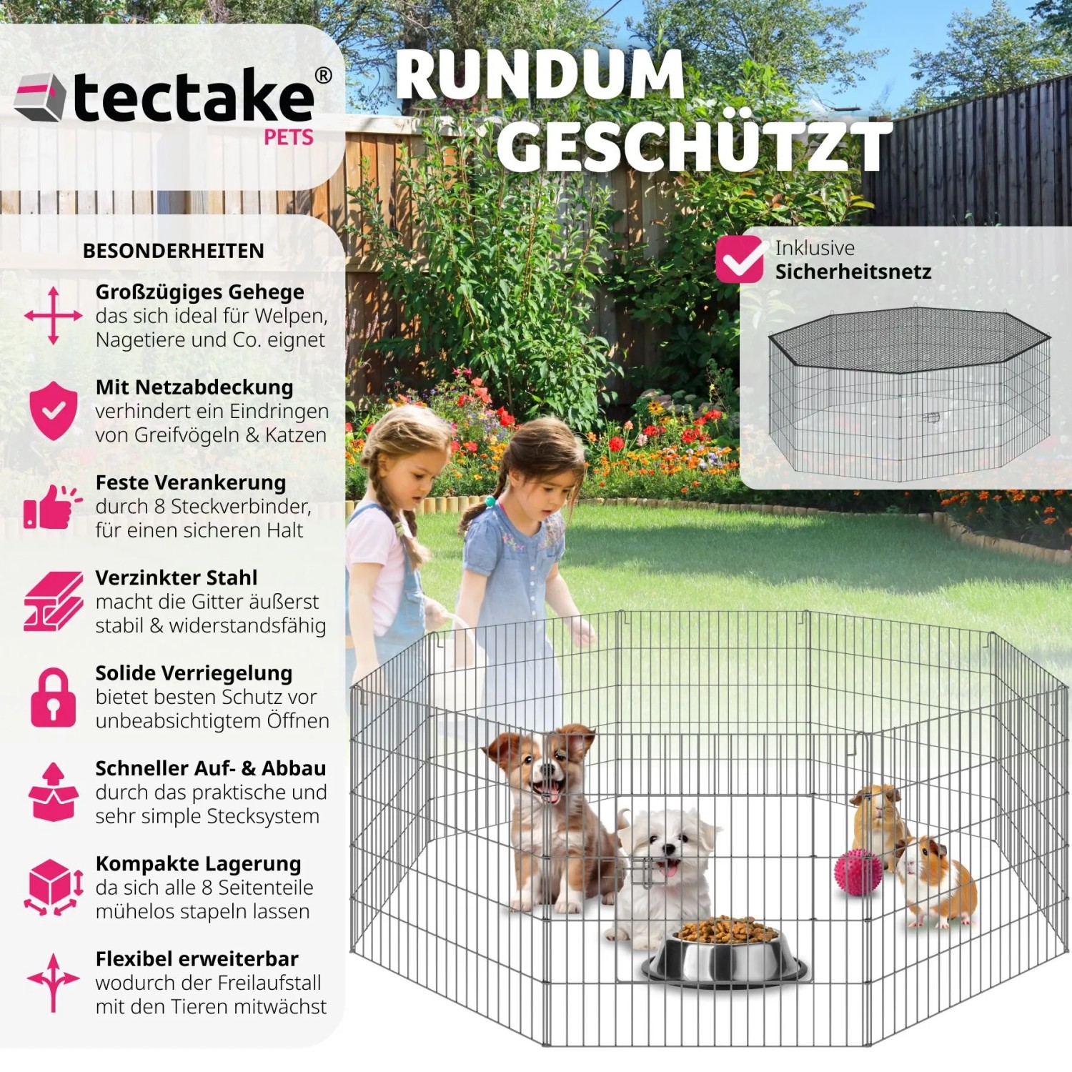 Schwarzes Tectake Freilaufgehege mit Netz für Nager, 145x145x73 cm.