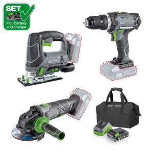 LUX Akku-Maschinenset 3in1 mit Bohrschrauber, Stichsäge, Winkelschleifer, Akku, Ladegerät und Tasche.