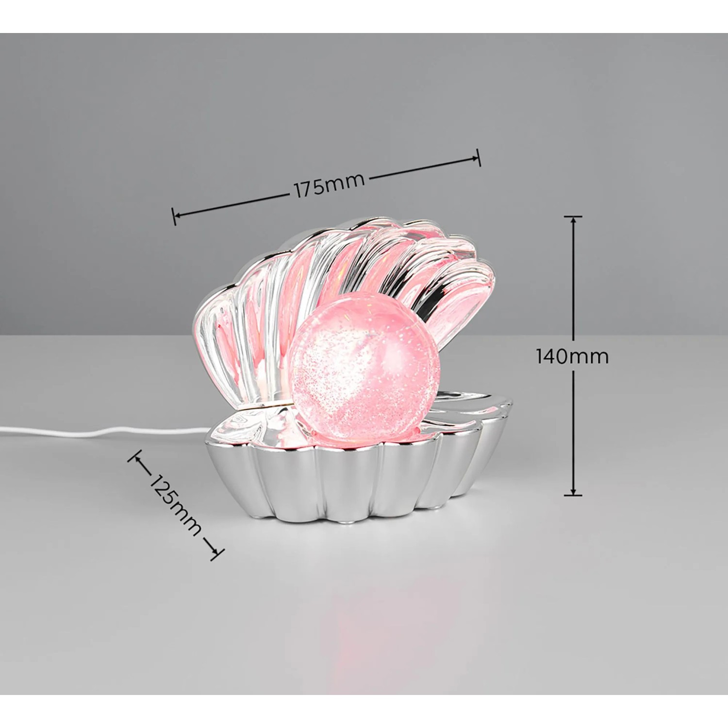 Chromfarbene LED-Tischleuchte Shelly in Muschelform mit glitzernder RGB-LED-Kugel.
