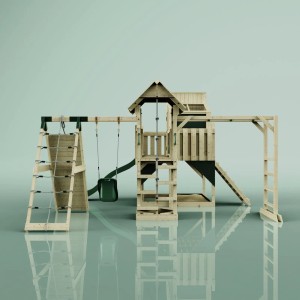 Dunkelgrüner OutdoorToys Spielturm Tammo mit Babyschaukel, Kletterwand und Rutsche.