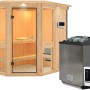 Karibu Sauna Anina 1 mit Bio-Ofen und LED-Dachkranz aus naturbelassener Fichte.