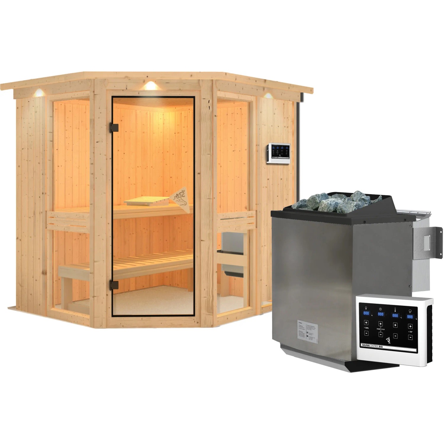 Karibu Sauna Anina 1 mit Bio-Ofen und LED-Dachkranz aus naturbelassener Fichte.
