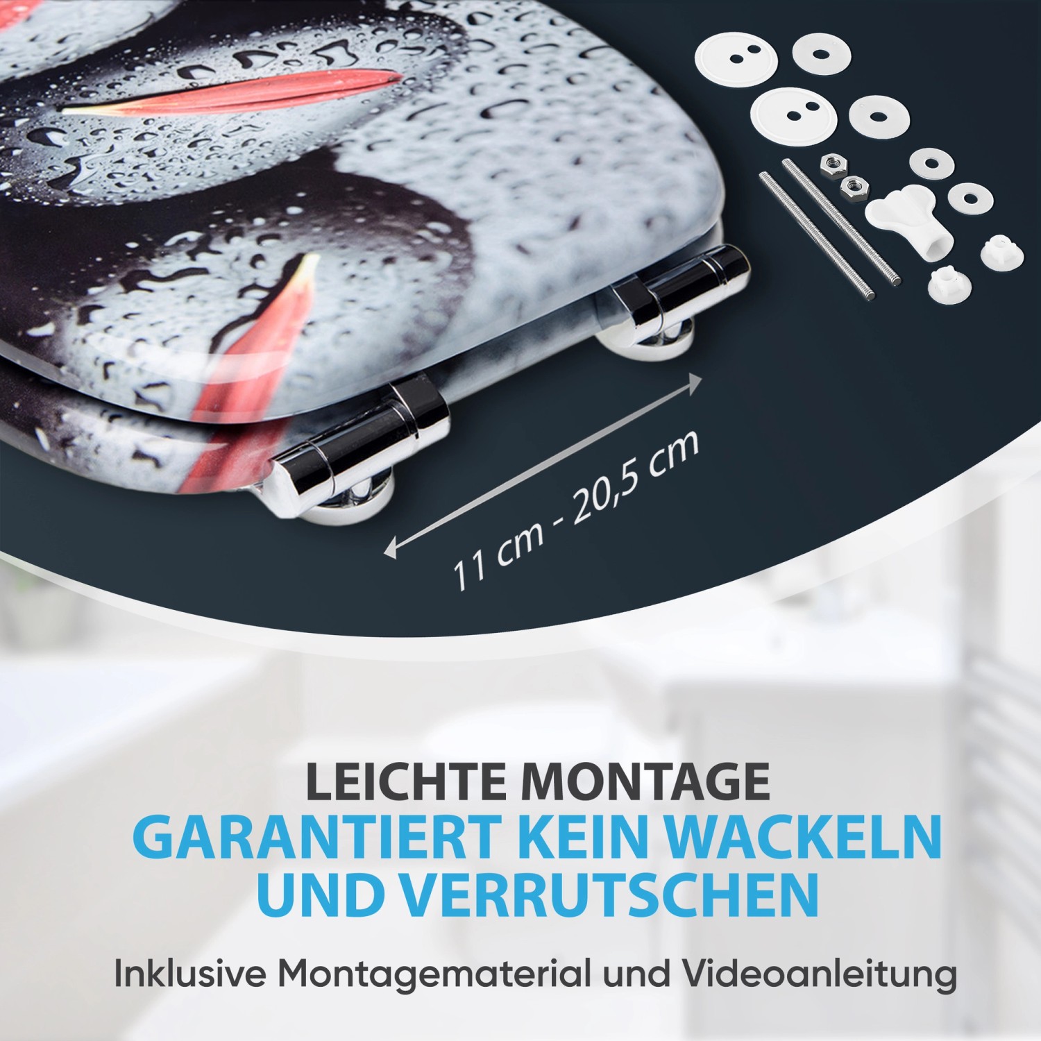 Sanilo WC-Sitz Elegance mit Absenkautomatik, Holz, Blumendesign und Montagematerial.