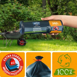 Swirl Profi Schwerlast-Abfallsäcke, 240L, 5 Stück, mit Zugband und aus recyceltem Plastik.