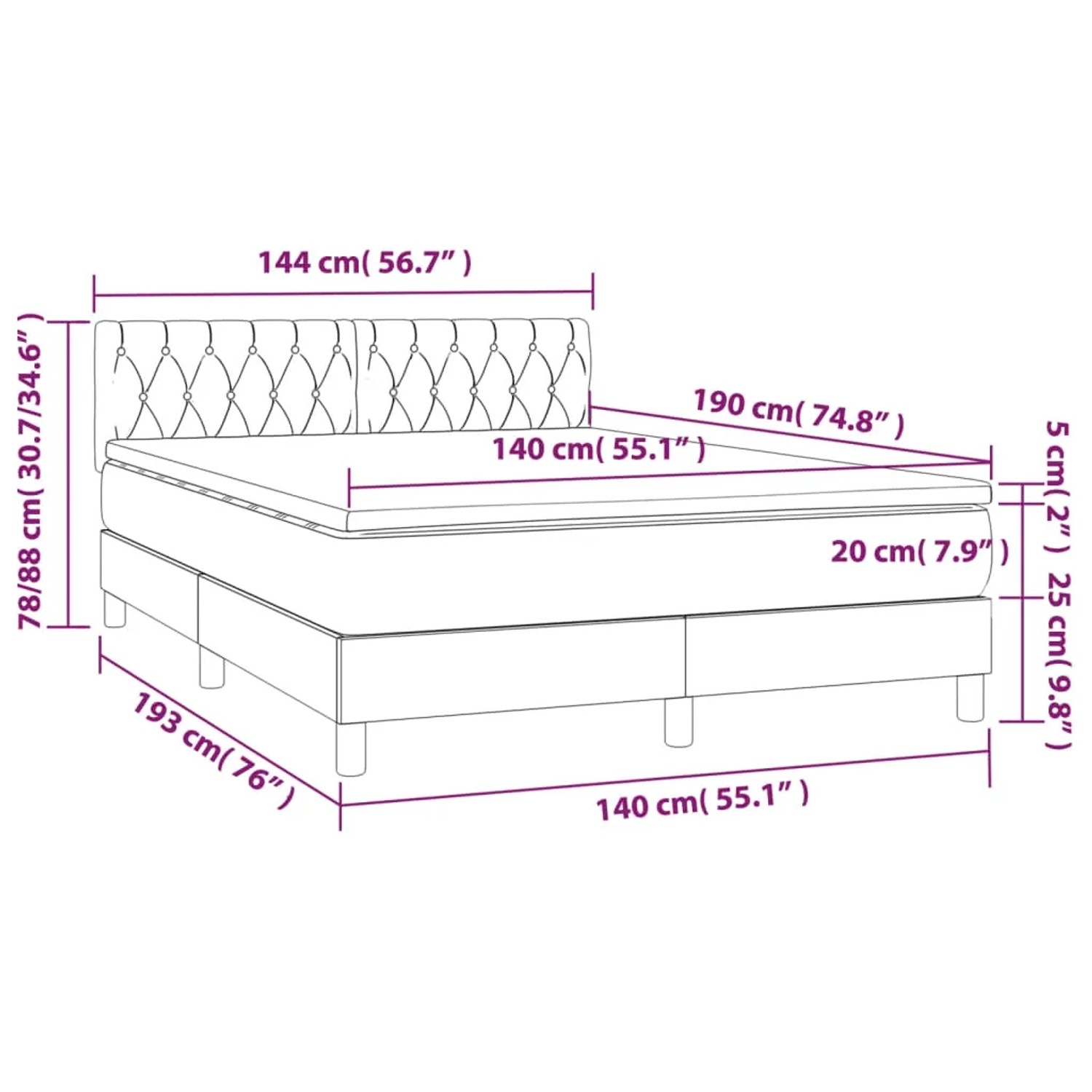 Skizze Boxspringbett Creme 140x190 cm mit Matratze und Kopfteil, Größenangaben.